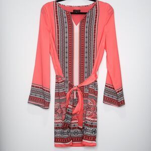 The Limited Womens Shift Dress L Pink Geometric Belted Long‎ Sleeve Pullover